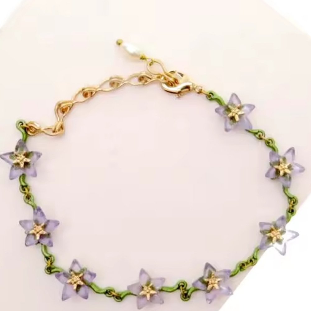 Delicate blue flowers bracelet gf 14k enamel pearl. 10"(7+3)